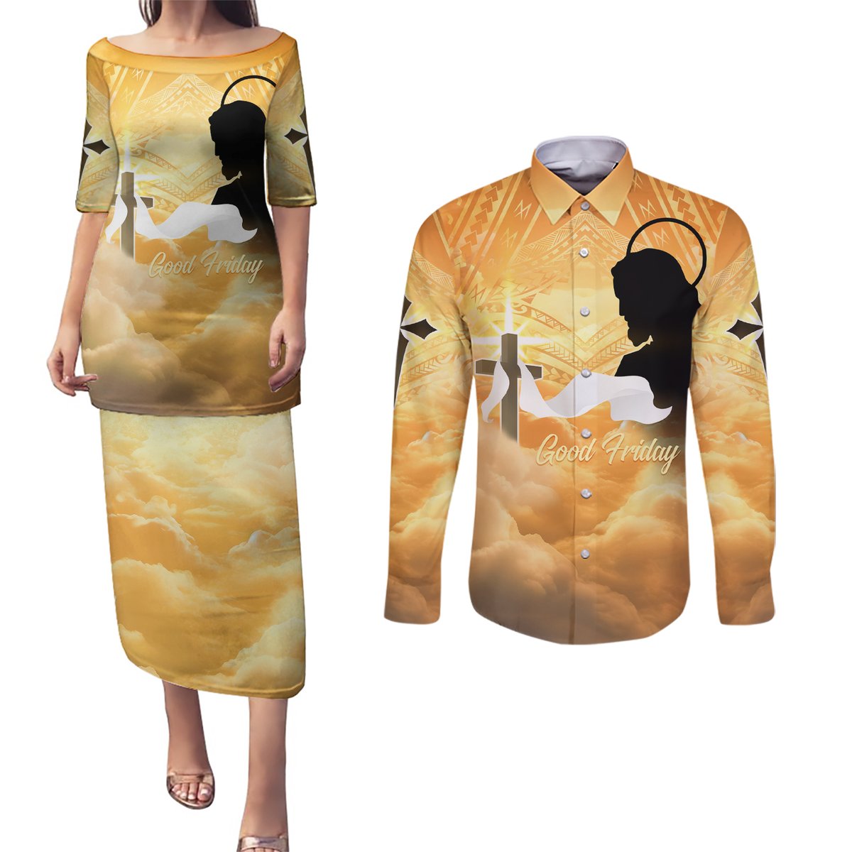 Happy Good Friday Couples Matching Puletasi and Long Sleeve Button Shirt God Will Bless You LT05 Gold - Polynesian Pride
