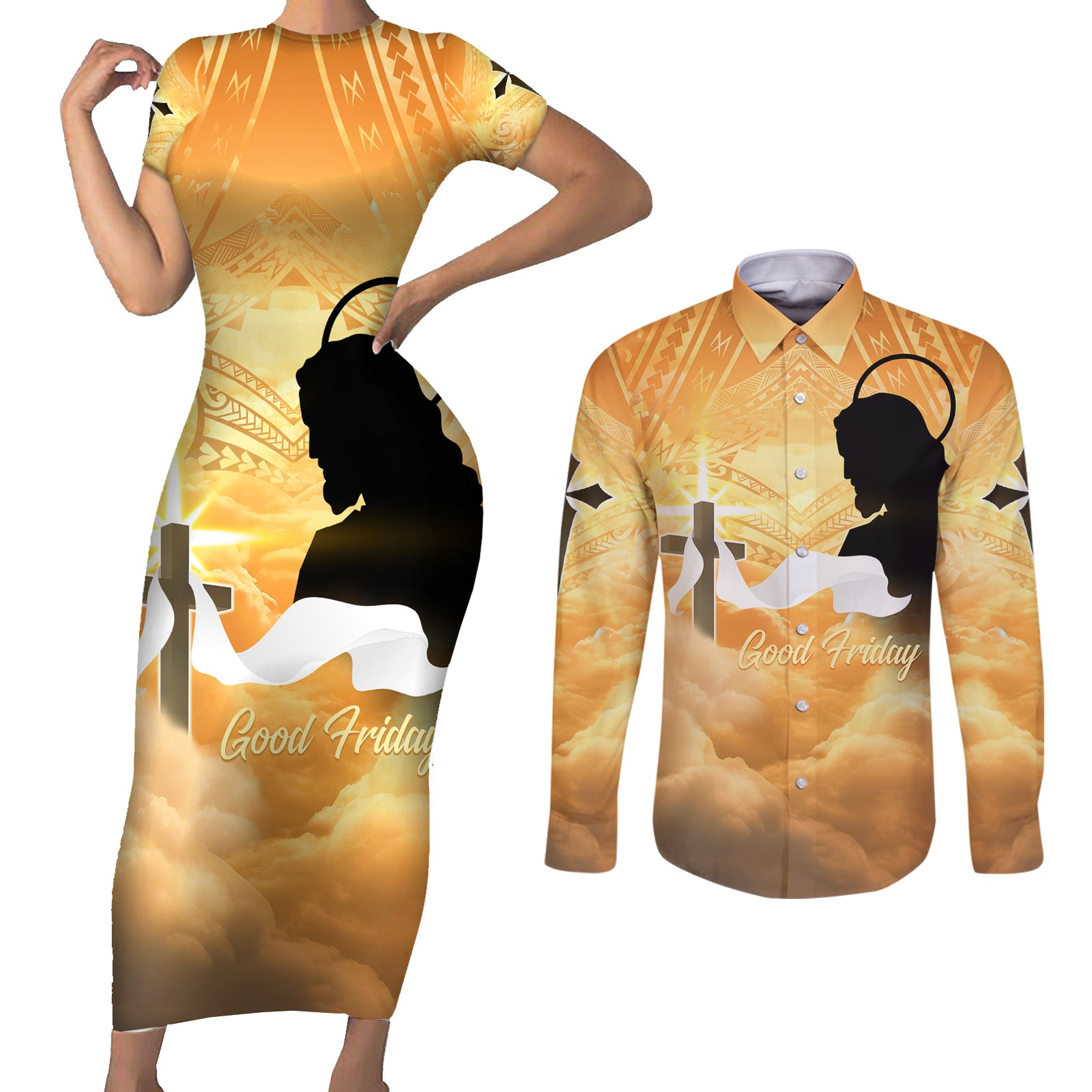 Happy Good Friday Couples Matching Short Sleeve Bodycon Dress and Long Sleeve Button Shirt God Will Bless You LT05 Gold - Polynesian Pride