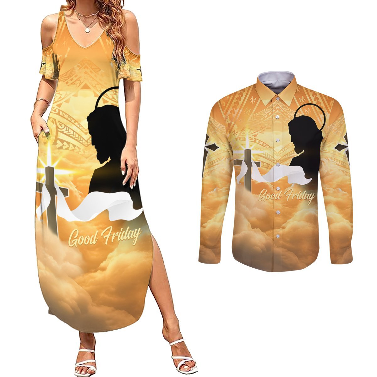 Happy Good Friday Couples Matching Summer Maxi Dress and Long Sleeve Button Shirt God Will Bless You LT05 Gold - Polynesian Pride