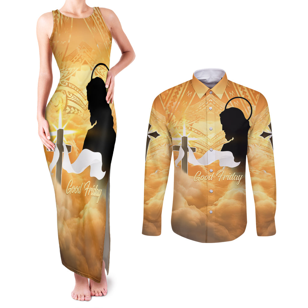 Happy Good Friday Couples Matching Tank Maxi Dress and Long Sleeve Button Shirt God Will Bless You LT05 Gold - Polynesian Pride