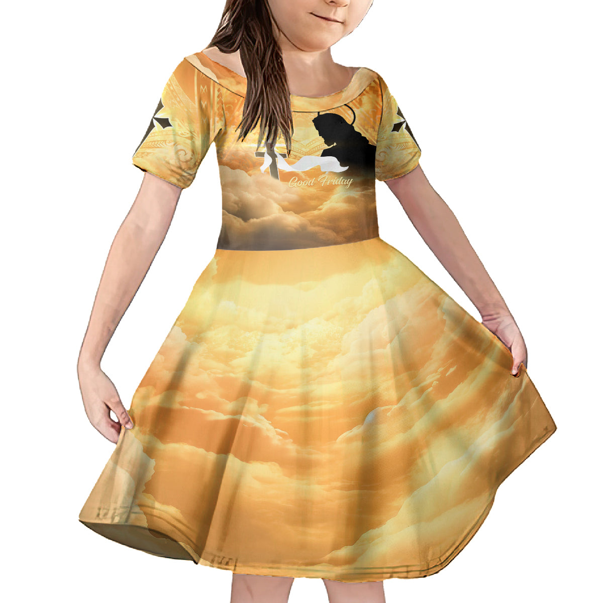 Happy Good Friday Family Matching Off Shoulder Long Sleeve Dress and Hawaiian Shirt God Will Bless You LT05 Daughter's Dress Gold - Polynesian Pride