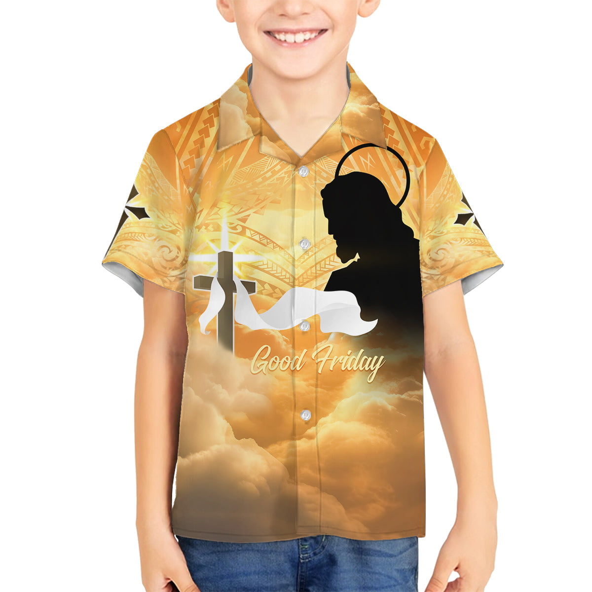 Happy Good Friday Family Matching Off Shoulder Maxi Dress and Hawaiian Shirt God Will Bless You LT05 Son's Shirt Gold - Polynesian Pride