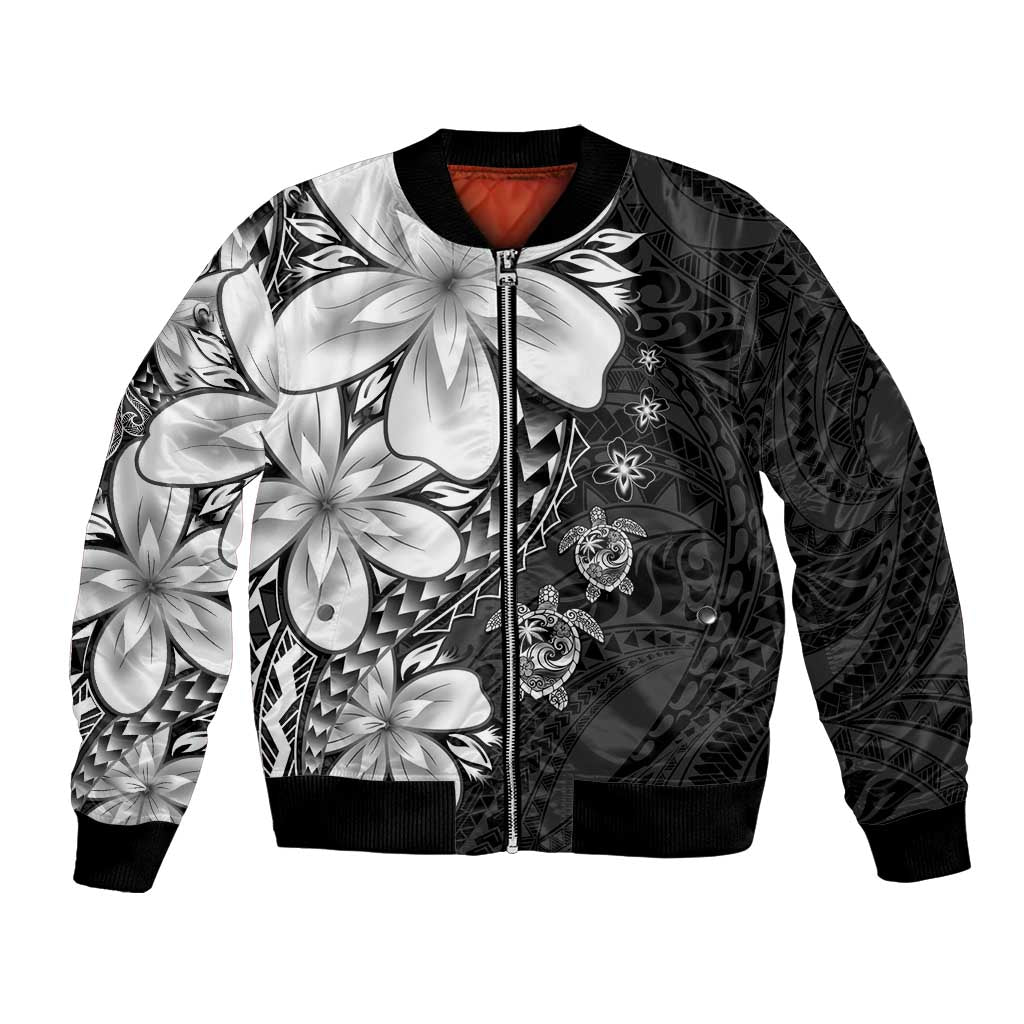 Polynesia Romantic Valentine Bomber Jacket Sea Turtle Couple With Black Plumeria