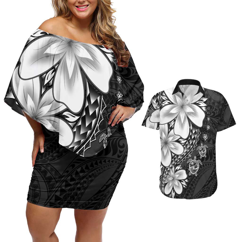 Polynesia Romantic Valentine Couples Matching Off Shoulder Short Dress and Hawaiian Shirt Sea Turtle Couple With Black Plumeria