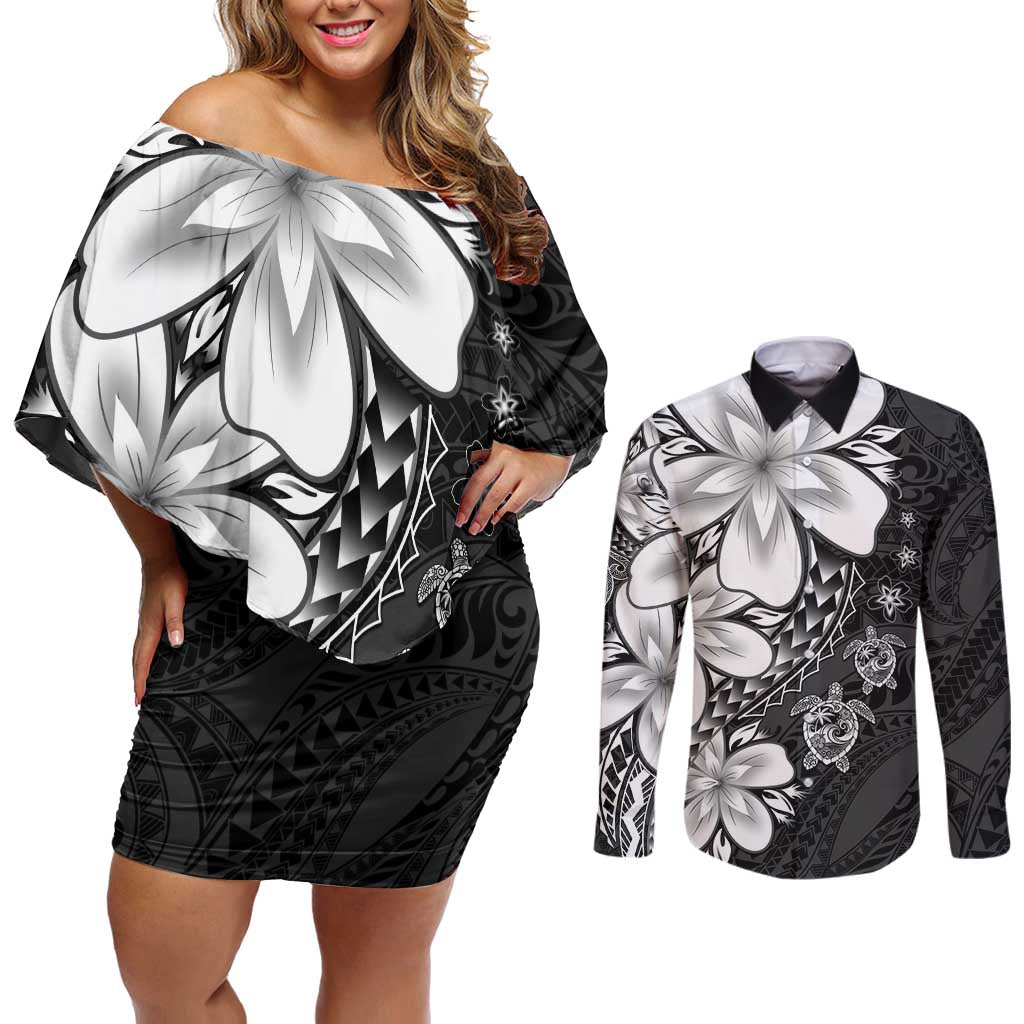 Polynesia Romantic Valentine Couples Matching Off Shoulder Short Dress and Long Sleeve Button Shirt Sea Turtle Couple With Black Plumeria LT05 Black - Polynesian Pride