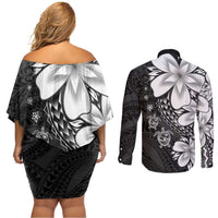 Polynesia Romantic Valentine Couples Matching Off Shoulder Short Dress and Long Sleeve Button Shirt Sea Turtle Couple With Black Plumeria LT05 - Polynesian Pride
