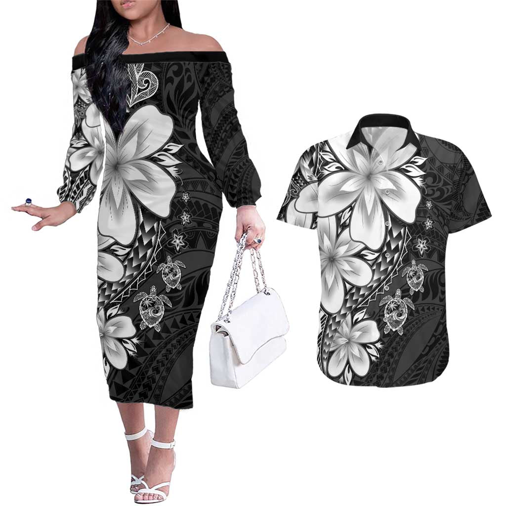 Polynesia Romantic Valentine Couples Matching Off The Shoulder Long Sleeve Dress and Hawaiian Shirt Sea Turtle Couple With Black Plumeria LT05 Black - Polynesian Pride