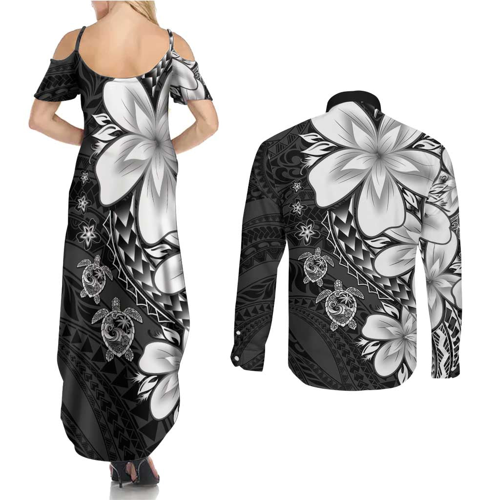 Polynesia Romantic Valentine Couples Matching Summer Maxi Dress and Long Sleeve Button Shirt Sea Turtle Couple With Black Plumeria LT05 - Polynesian Pride