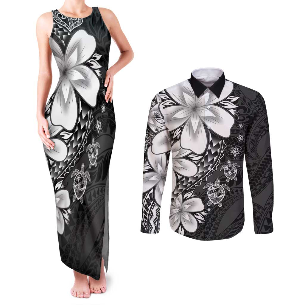 Polynesia Romantic Valentine Couples Matching Tank Maxi Dress and Long Sleeve Button Shirt Sea Turtle Couple With Black Plumeria LT05 Black - Polynesian Pride