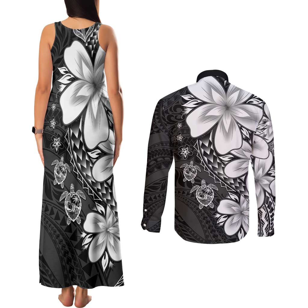 Polynesia Romantic Valentine Couples Matching Tank Maxi Dress and Long Sleeve Button Shirt Sea Turtle Couple With Black Plumeria LT05 - Polynesian Pride