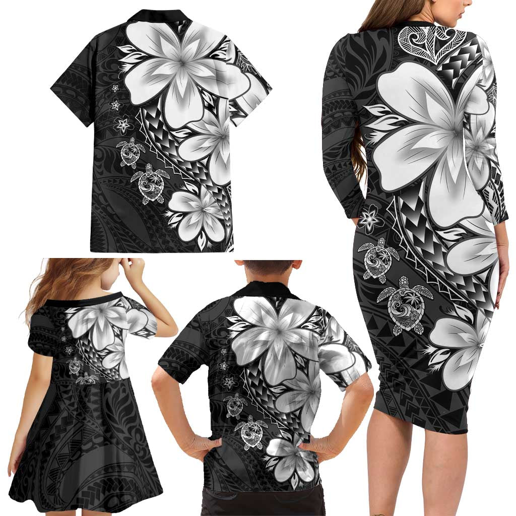 Polynesia Romantic Valentine Family Matching Long Sleeve Bodycon Dress and Hawaiian Shirt Sea Turtle Couple With Black Plumeria LT05 - Polynesian Pride