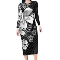 Polynesia Romantic Valentine Family Matching Long Sleeve Bodycon Dress and Hawaiian Shirt Sea Turtle Couple With Black Plumeria LT05 Mom's Dress Black - Polynesian Pride
