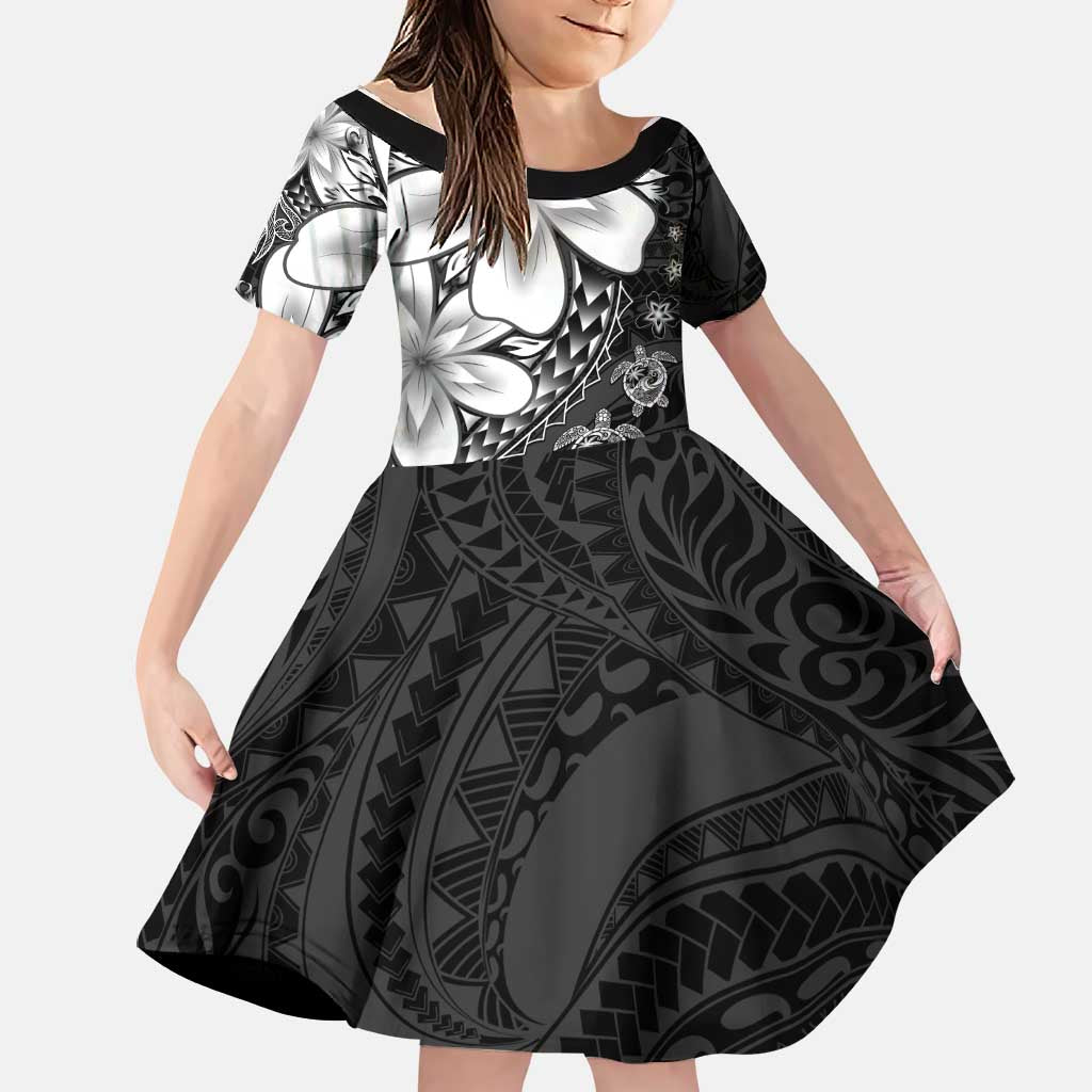 Polynesia Romantic Valentine Family Matching Off The Shoulder Long Sleeve Dress and Hawaiian Shirt Sea Turtle Couple With Black Plumeria LT05 Daughter's Dress Black - Polynesian Pride