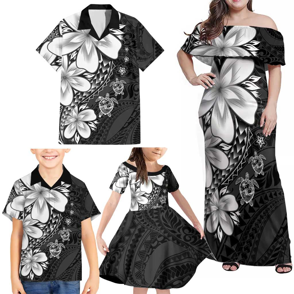 Polynesia Romantic Valentine Family Matching Off Shoulder Maxi Dress and Hawaiian Shirt Sea Turtle Couple With Black Plumeria