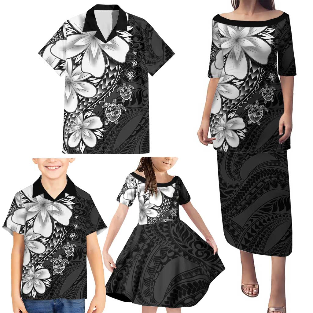 Polynesia Romantic Valentine Family Matching Puletasi and Hawaiian Shirt Sea Turtle Couple With Black Plumeria