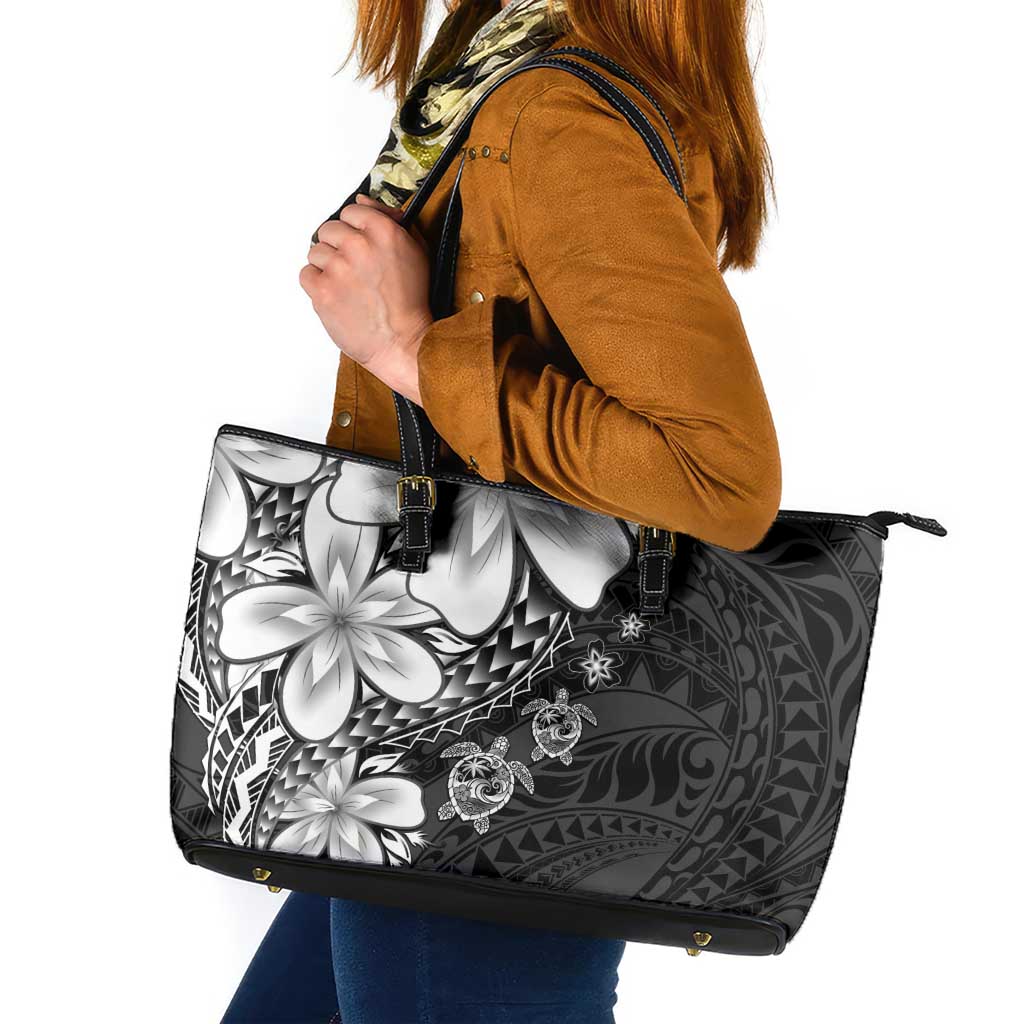 Polynesia Romantic Valentine Leather Tote Bag Sea Turtle Couple With Black Plumeria