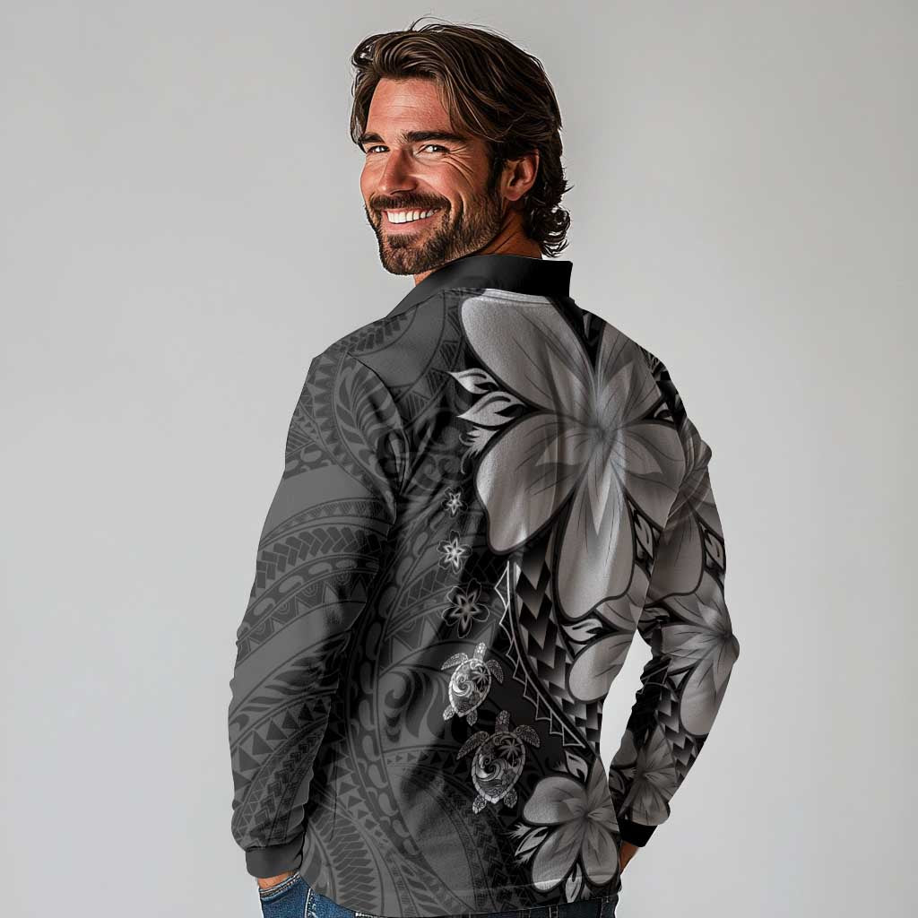 Polynesia Romantic Valentine Long Sleeve Polo Shirt Sea Turtle Couple With Black Plumeria