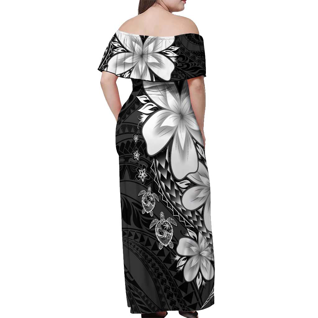 Polynesia Romantic Valentine Off Shoulder Maxi Dress Sea Turtle Couple With Black Plumeria