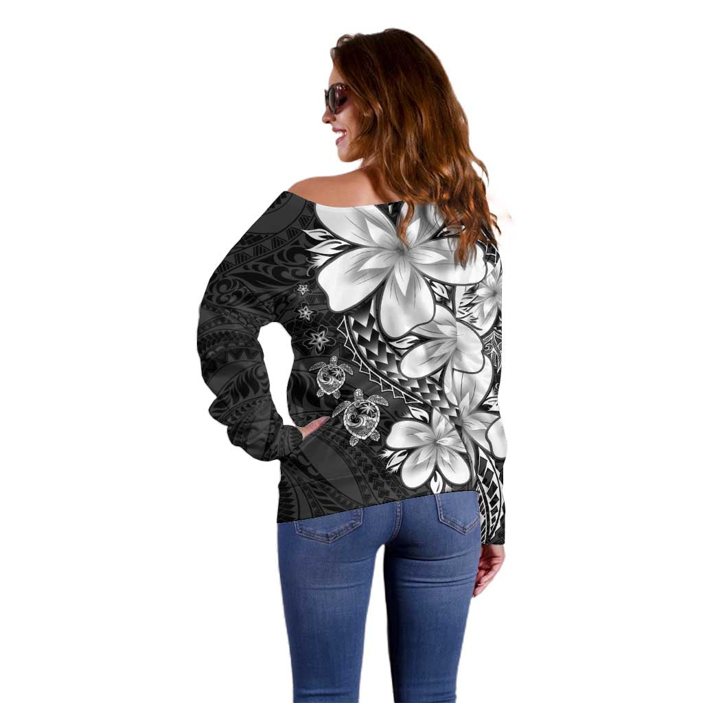Polynesia Romantic Valentine Off Shoulder Sweater Sea Turtle Couple With Black Plumeria