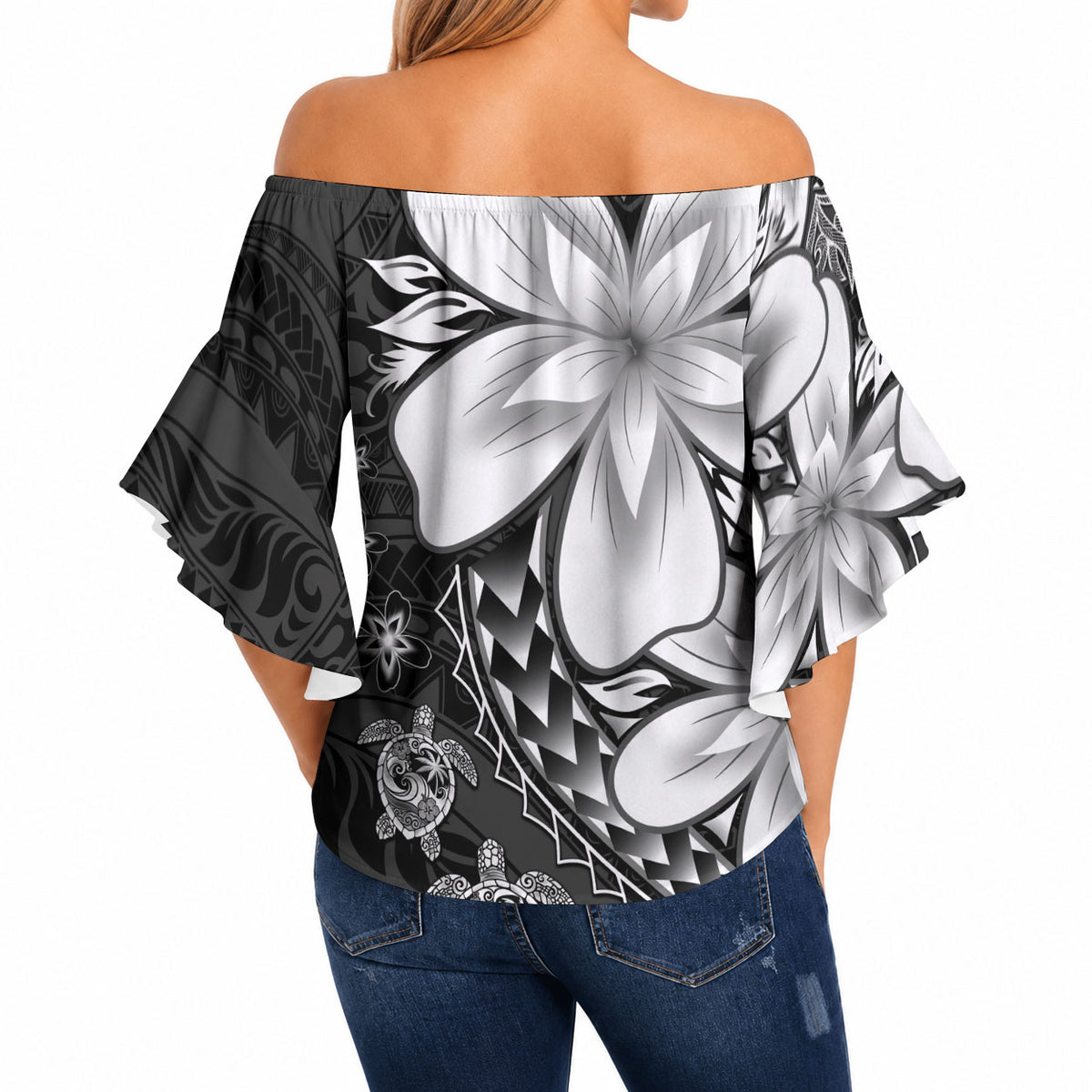 Polynesia Romantic Valentine Off Shoulder Wrap Waist Top Sea Turtle Couple With Black Plumeria LT05 - Polynesian Pride