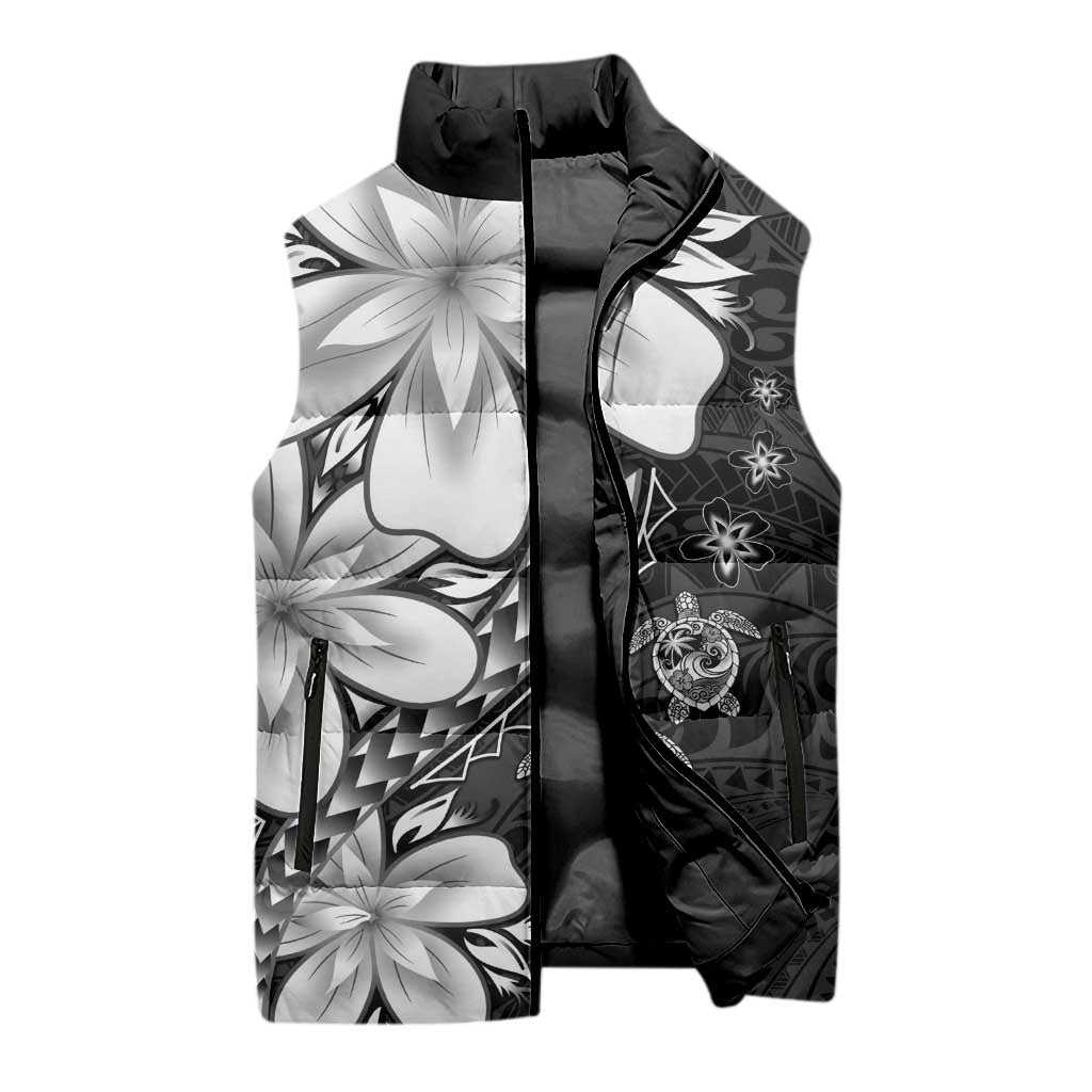 Polynesia Romantic Valentine Sleeveless Puffer Jacket Sea Turtle Couple With Black Plumeria