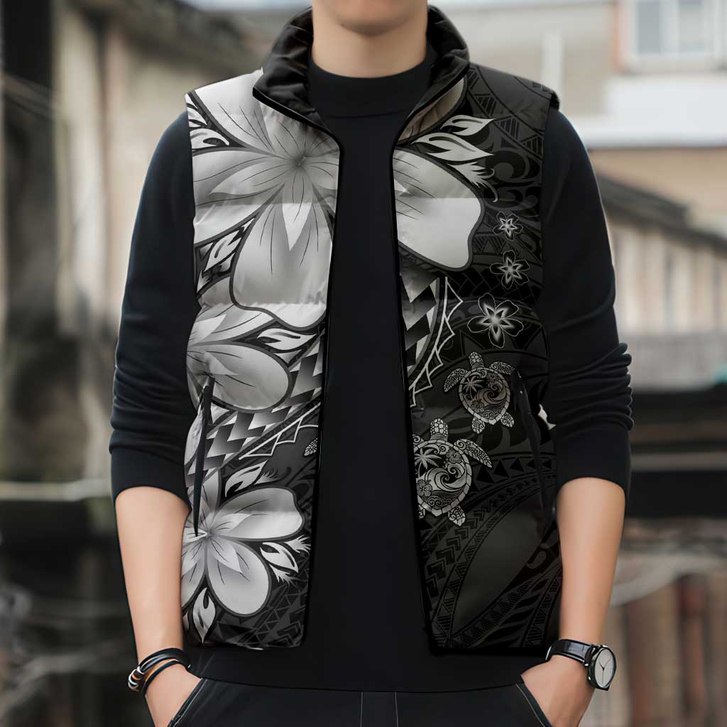 Polynesia Romantic Valentine Sleeveless Puffer Jacket Sea Turtle Couple With Black Plumeria