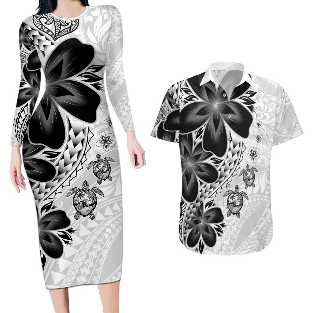 Polynesia Romantic Valentine Couples Matching Long Sleeve Bodycon Dress and Hawaiian Shirt Sea Turtle Couple With White Plumeria