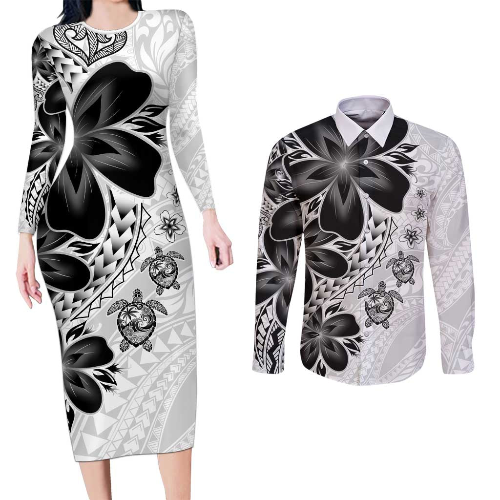 Polynesia Romantic Valentine Couples Matching Long Sleeve Bodycon Dress and Long Sleeve Button Shirt Sea Turtle Couple With White Plumeria