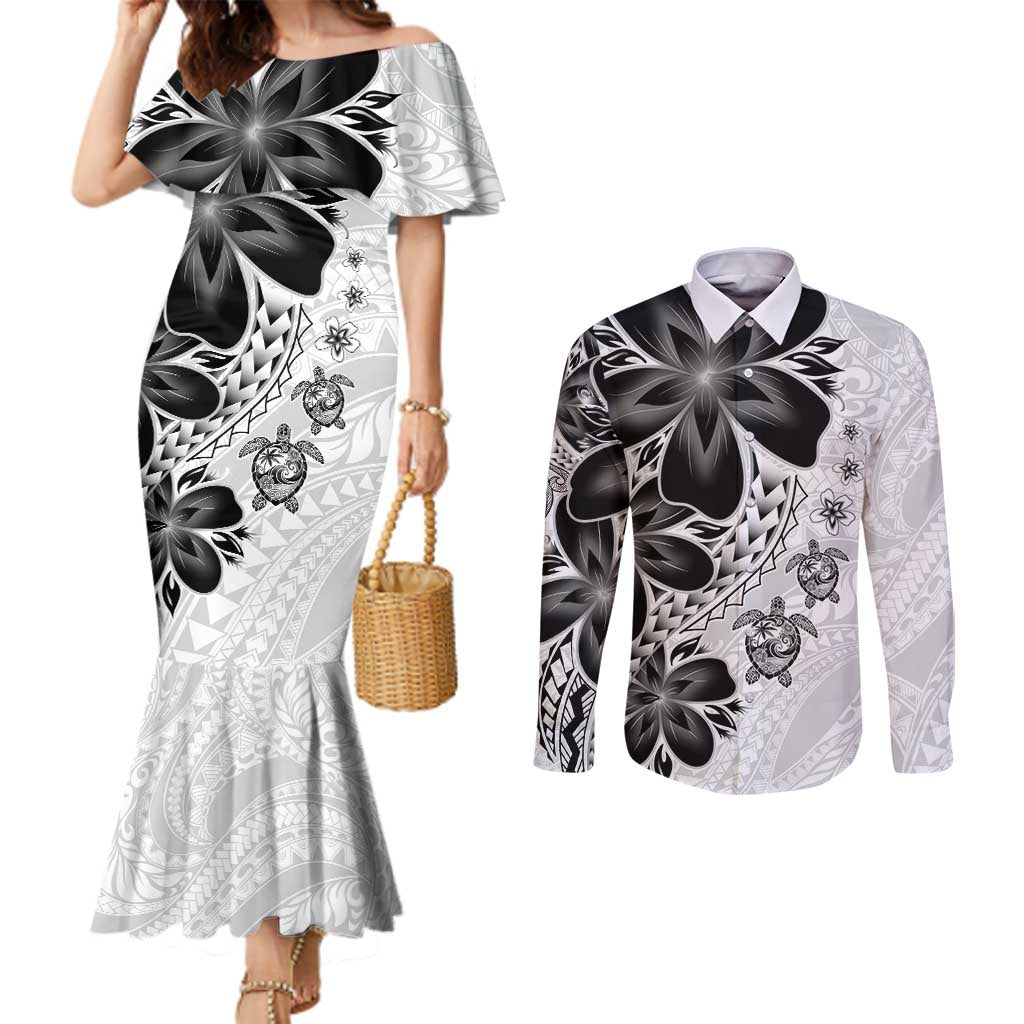 Polynesia Romantic Valentine Couples Matching Mermaid Dress and Long Sleeve Button Shirt Sea Turtle Couple With White Plumeria