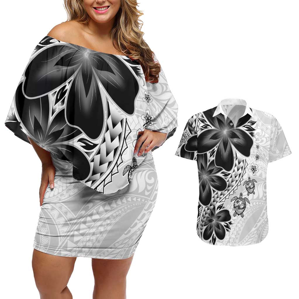 Polynesia Romantic Valentine Couples Matching Off Shoulder Short Dress and Hawaiian Shirt Sea Turtle Couple With White Plumeria LT05 White - Polynesian Pride
