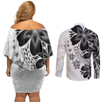 Polynesia Romantic Valentine Couples Matching Off Shoulder Short Dress and Long Sleeve Button Shirt Sea Turtle Couple With White Plumeria LT05 - Polynesian Pride