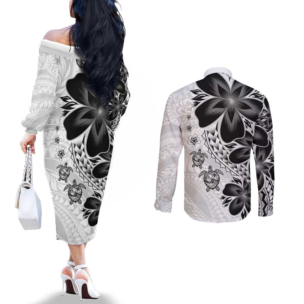 Polynesia Romantic Valentine Couples Matching Off The Shoulder Long Sleeve Dress and Long Sleeve Button Shirt Sea Turtle Couple With White Plumeria LT05 - Polynesian Pride