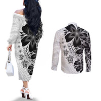 Polynesia Romantic Valentine Couples Matching Off The Shoulder Long Sleeve Dress and Long Sleeve Button Shirt Sea Turtle Couple With White Plumeria LT05 - Polynesian Pride