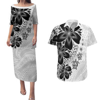 Polynesia Romantic Valentine Couples Matching Puletasi and Hawaiian Shirt Sea Turtle Couple With White Plumeria LT05 White - Polynesian Pride