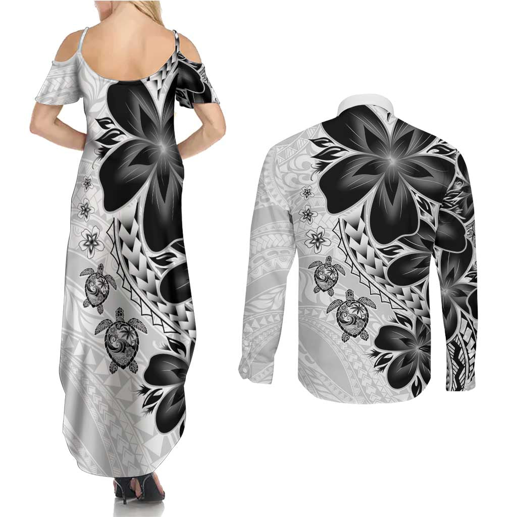 Polynesia Romantic Valentine Couples Matching Summer Maxi Dress and Long Sleeve Button Shirt Sea Turtle Couple With White Plumeria LT05 - Polynesian Pride