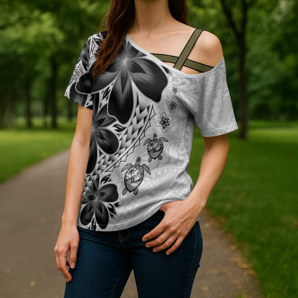 Polynesia Romantic Valentine Cross Shoulder Shirt Sea Turtle Couple With White Plumeria LT05 - Polynesian Pride
