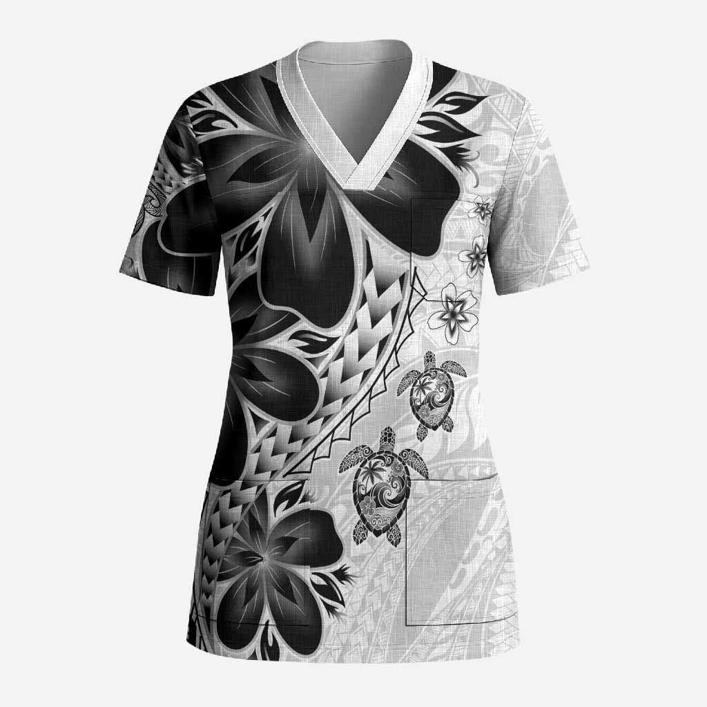Polynesia Romantic Valentine Scrub Top Sea Turtle Couple With White Plumeria