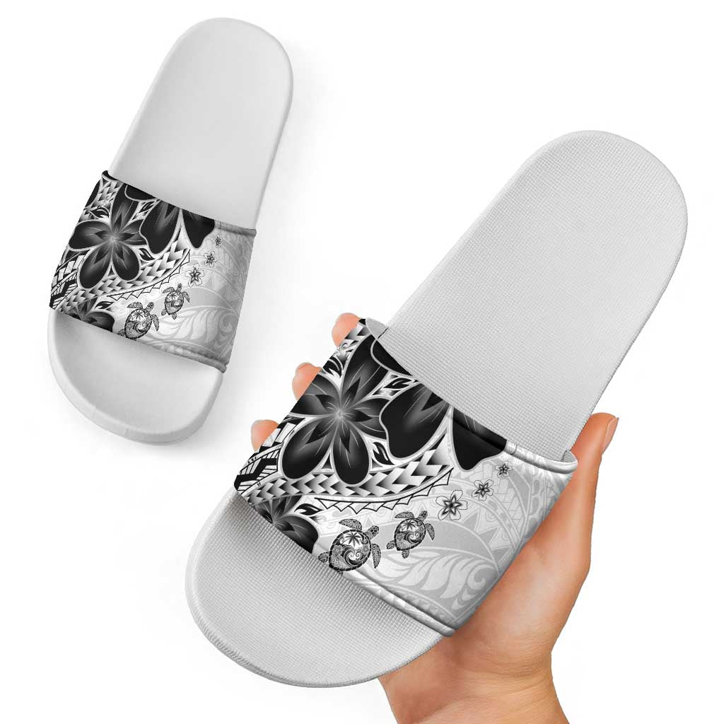 Polynesia Romantic Valentine Slide Sandals Sea Turtle Couple With White Plumeria
