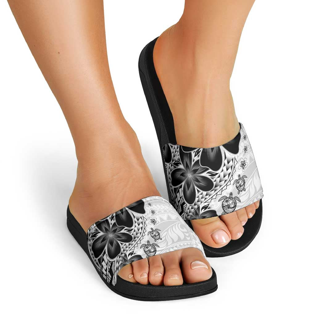 Polynesia Romantic Valentine Slide Sandals Sea Turtle Couple With White Plumeria