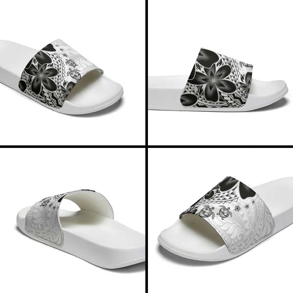 Polynesia Romantic Valentine Slide Sandals Sea Turtle Couple With White Plumeria