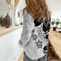 Polynesia Romantic Valentine Women Casual Shirt Sea Turtle Couple With White Plumeria LT05 - Polynesian Pride