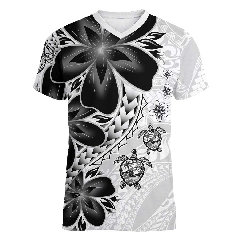 Polynesia Romantic Valentine Women V-Neck T-Shirt Sea Turtle Couple With White Plumeria