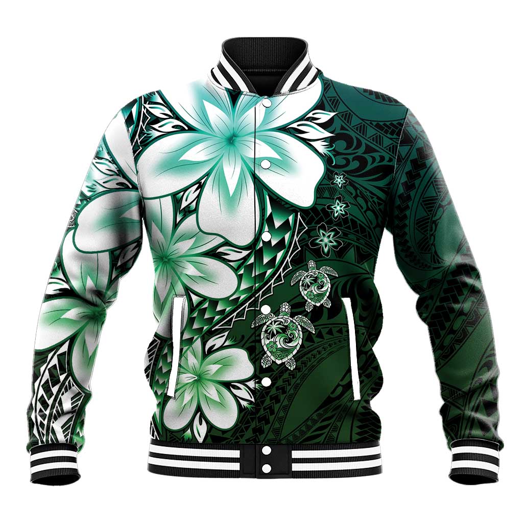Polynesia Romantic Valentine Baseball Jacket Sea Turtle Couple With Aqua Gradient Plumeria
