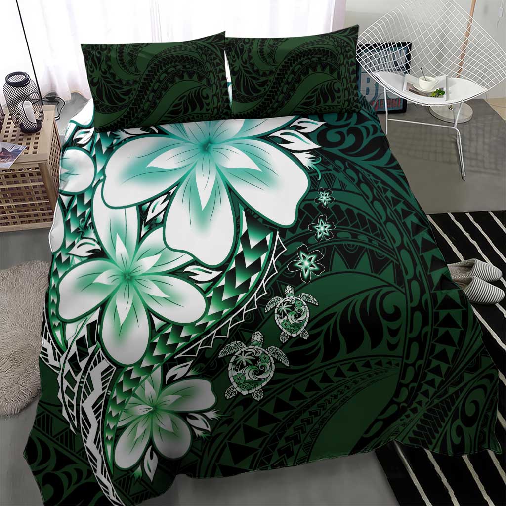 Polynesia Romantic Valentine Bedding Set Sea Turtle Couple With Aqua Gradient Plumeria
