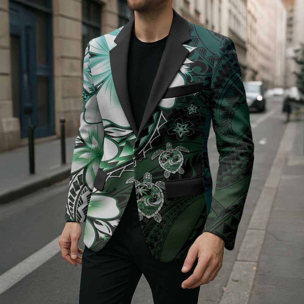 Polynesia Romantic Valentine Blazer Sea Turtle Couple With Aqua Gradient Plumeria