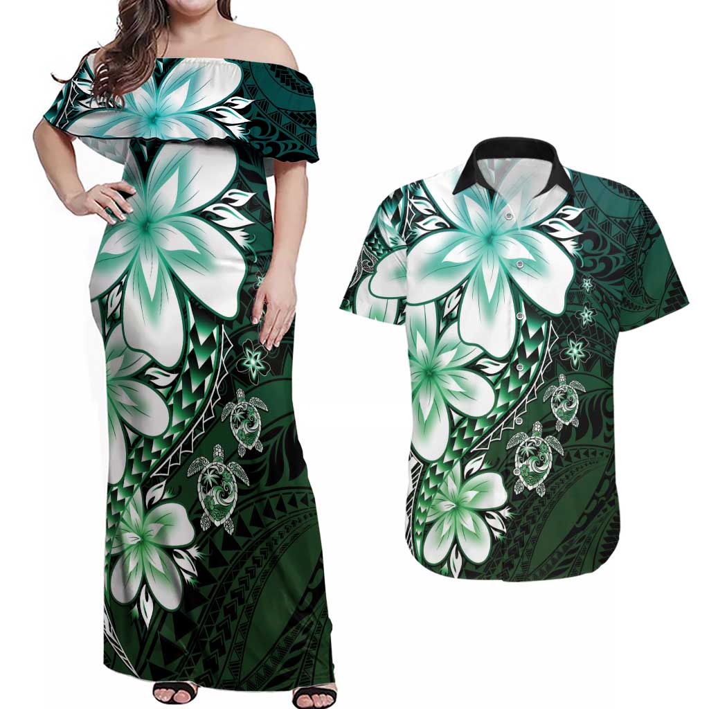 Polynesia Romantic Valentine Couples Matching Off Shoulder Maxi Dress and Hawaiian Shirt Sea Turtle Couple With Aqua Gradient Plumeria