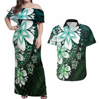 Polynesia Romantic Valentine Couples Matching Off Shoulder Maxi Dress and Hawaiian Shirt Sea Turtle Couple With Aqua Gradient Plumeria LT05 Aqua - Polynesian Pride