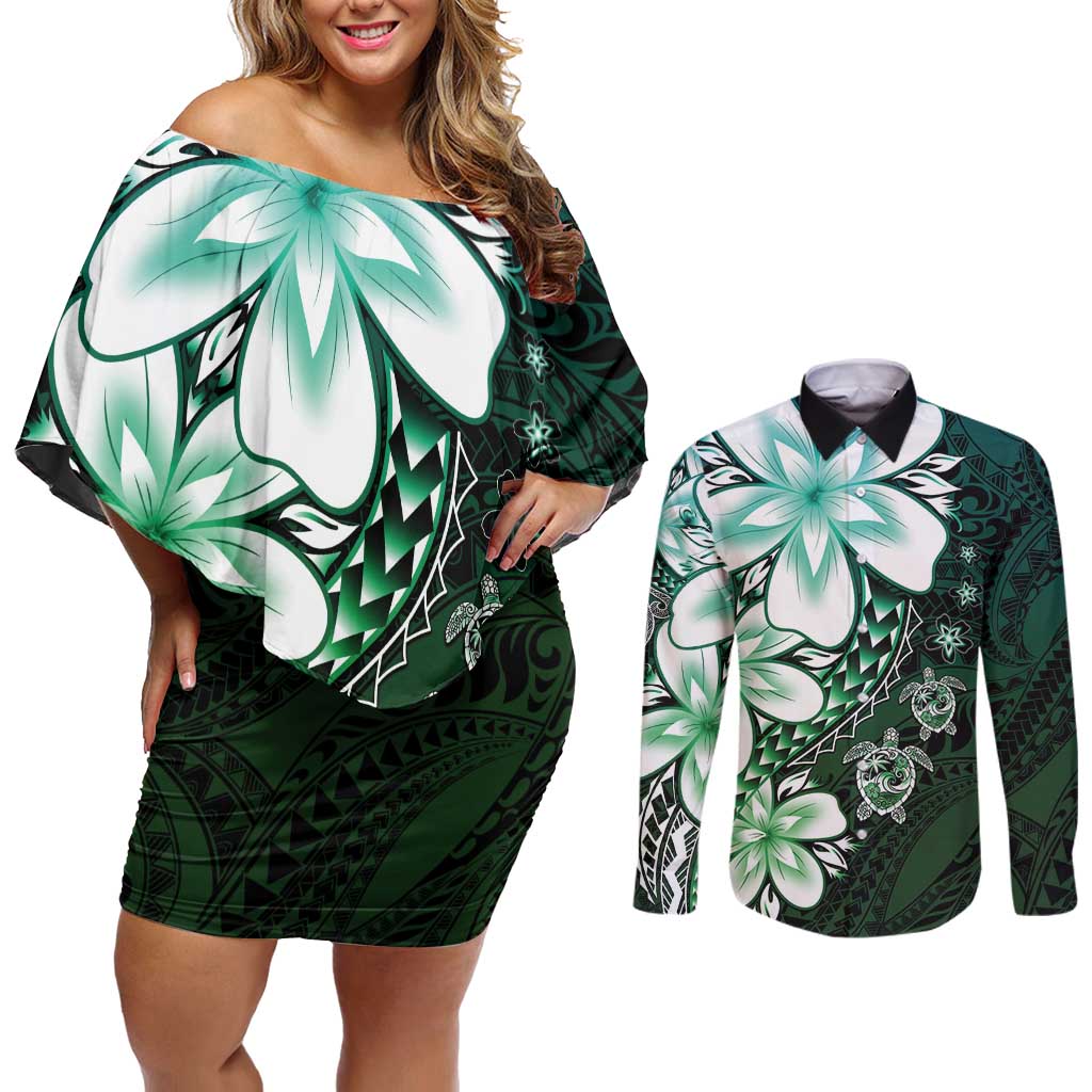 Polynesia Romantic Valentine Couples Matching Off Shoulder Short Dress and Long Sleeve Button Shirt Sea Turtle Couple With Aqua Gradient Plumeria LT05 Aqua - Polynesian Pride