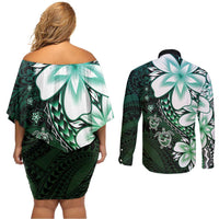 Polynesia Romantic Valentine Couples Matching Off Shoulder Short Dress and Long Sleeve Button Shirt Sea Turtle Couple With Aqua Gradient Plumeria LT05 - Polynesian Pride