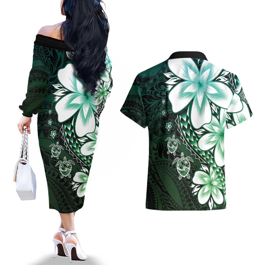 Polynesia Romantic Valentine Couples Matching Off The Shoulder Long Sleeve Dress and Hawaiian Shirt Sea Turtle Couple With Aqua Gradient Plumeria LT05 - Polynesian Pride
